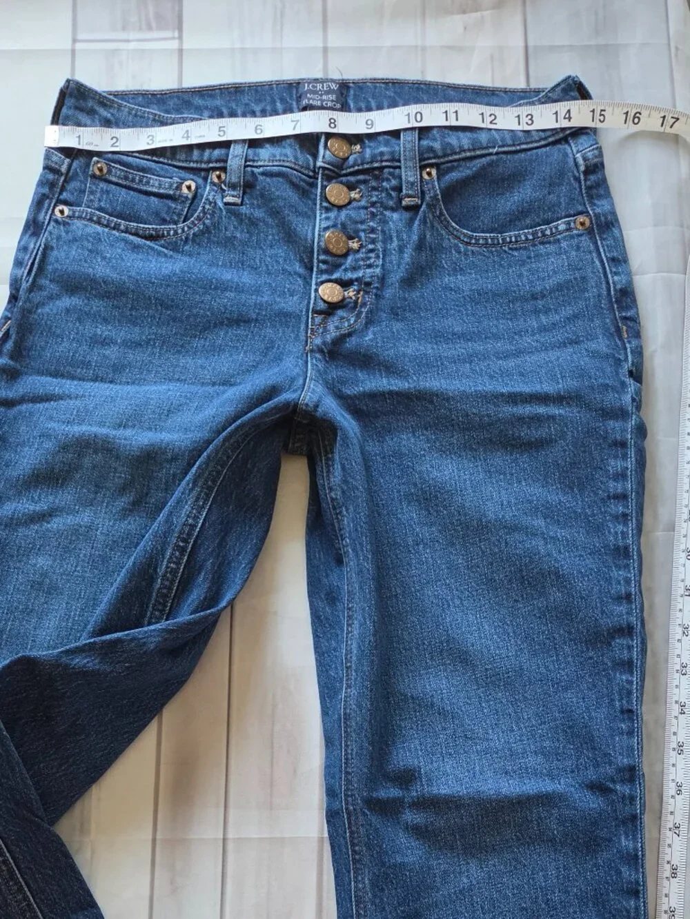J. Crew Mid-Rise Flare Crop Jeans Women’s 26T, exposed button fly closure